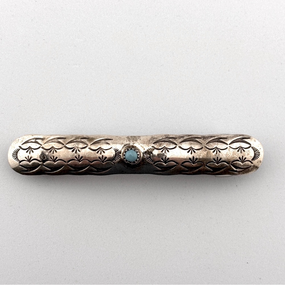 Vintage Southwestern Handtooled Sterling Silver Barrette with Turquoise Stone #2